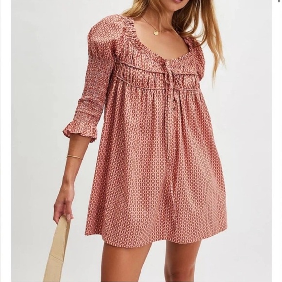 Free People Dresses & Skirts - Free People Dusty Pink Geo Smocked Babydoll Mini Dress
